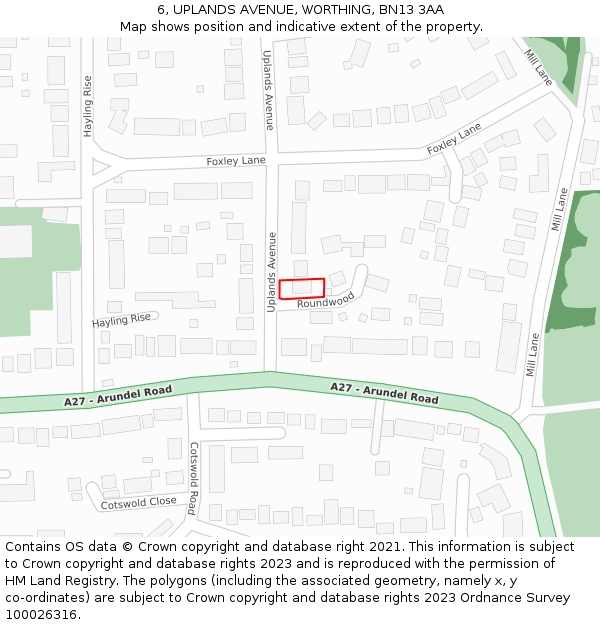 6, UPLANDS AVENUE, WORTHING, BN13 3AA: Location map and indicative extent of plot