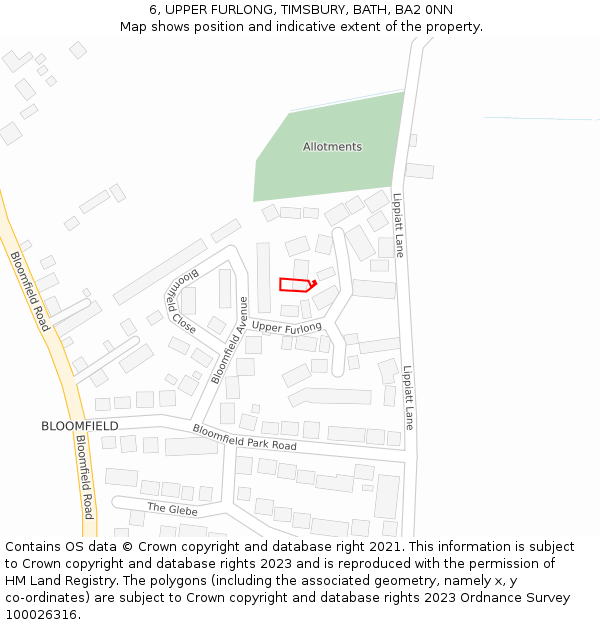 6, UPPER FURLONG, TIMSBURY, BATH, BA2 0NN: Location map and indicative extent of plot