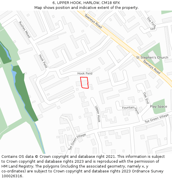 6, UPPER HOOK, HARLOW, CM18 6PX: Location map and indicative extent of plot