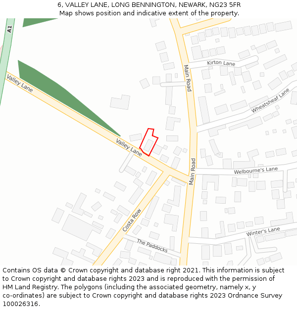 6, VALLEY LANE, LONG BENNINGTON, NEWARK, NG23 5FR: Location map and indicative extent of plot