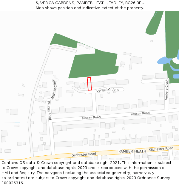 6, VERICA GARDENS, PAMBER HEATH, TADLEY, RG26 3EU: Location map and indicative extent of plot