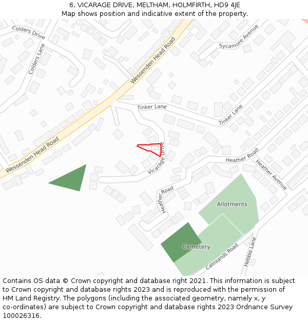 6, VICARAGE DRIVE, MELTHAM, HOLMFIRTH, HD9 4JE: Location map and indicative extent of plot