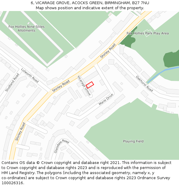 6, VICARAGE GROVE, ACOCKS GREEN, BIRMINGHAM, B27 7NU: Location map and indicative extent of plot