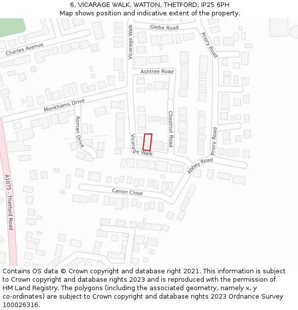 6, VICARAGE WALK, WATTON, THETFORD, IP25 6PH: Location map and indicative extent of plot