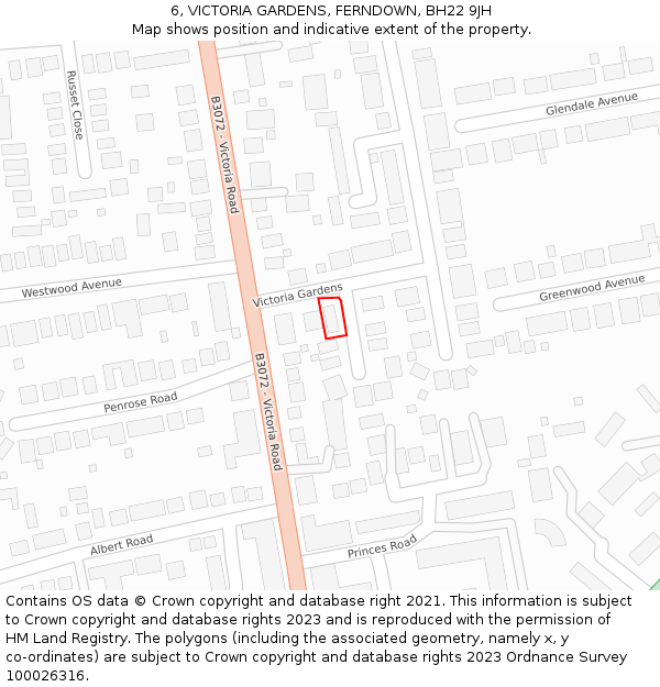 6, VICTORIA GARDENS, FERNDOWN, BH22 9JH: Location map and indicative extent of plot