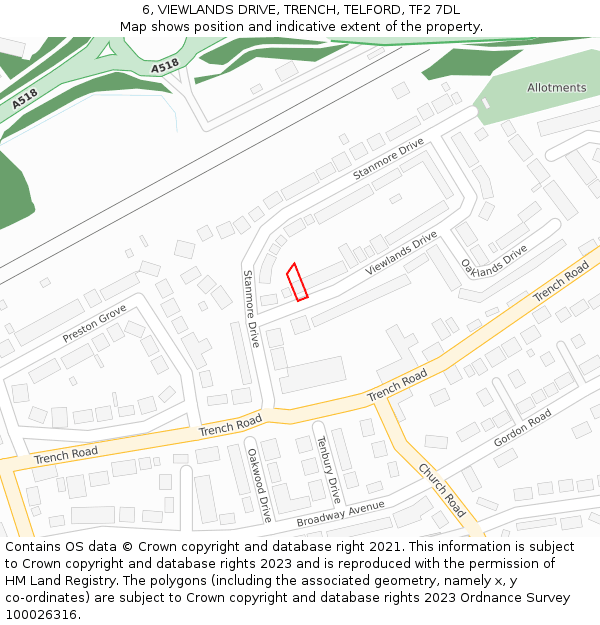 6, VIEWLANDS DRIVE, TRENCH, TELFORD, TF2 7DL: Location map and indicative extent of plot