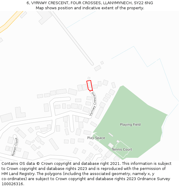 6, VYRNWY CRESCENT, FOUR CROSSES, LLANYMYNECH, SY22 6NG: Location map and indicative extent of plot