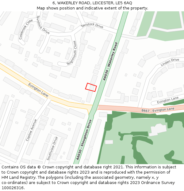 6, WAKERLEY ROAD, LEICESTER, LE5 6AQ: Location map and indicative extent of plot