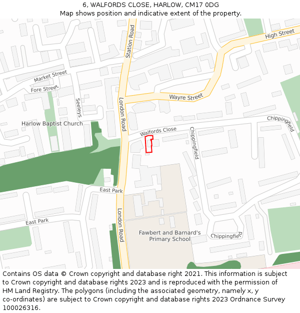 6, WALFORDS CLOSE, HARLOW, CM17 0DG: Location map and indicative extent of plot