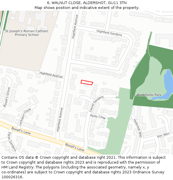 6, WALNUT CLOSE, ALDERSHOT, GU11 3TN: Location map and indicative extent of plot