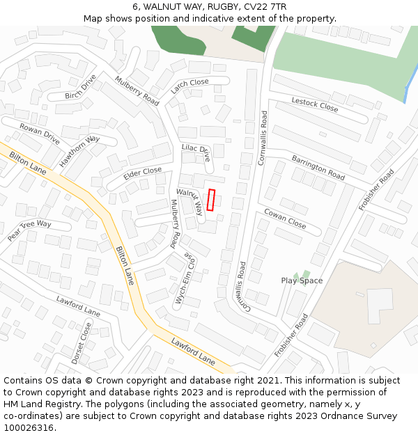 6, WALNUT WAY, RUGBY, CV22 7TR: Location map and indicative extent of plot