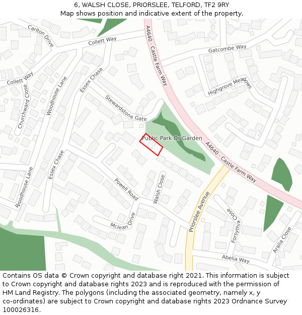 6, WALSH CLOSE, PRIORSLEE, TELFORD, TF2 9RY: Location map and indicative extent of plot