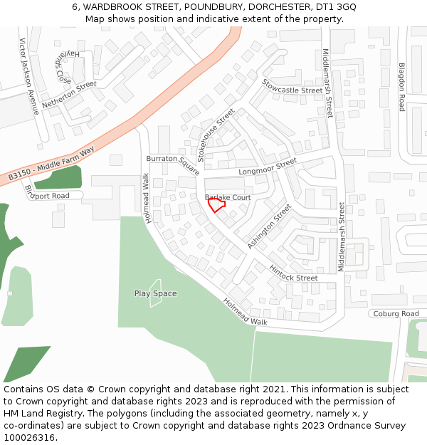 6, WARDBROOK STREET, POUNDBURY, DORCHESTER, DT1 3GQ: Location map and indicative extent of plot