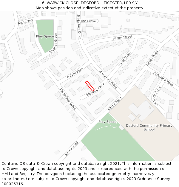 6, WARWICK CLOSE, DESFORD, LEICESTER, LE9 9JY: Location map and indicative extent of plot