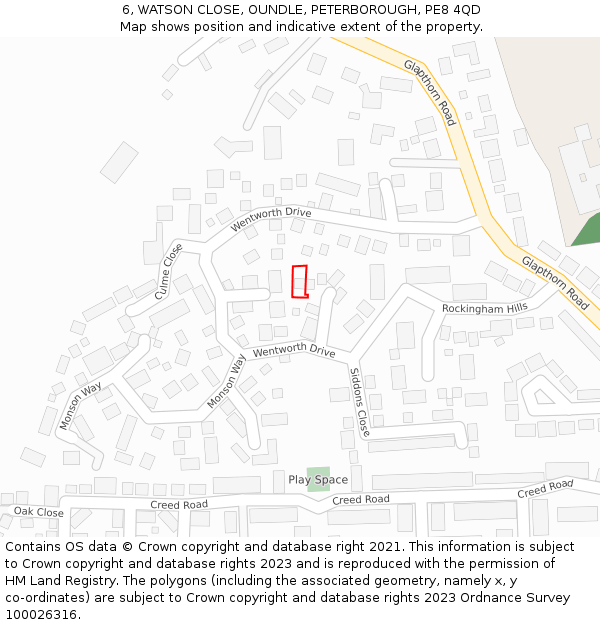 6, WATSON CLOSE, OUNDLE, PETERBOROUGH, PE8 4QD: Location map and indicative extent of plot