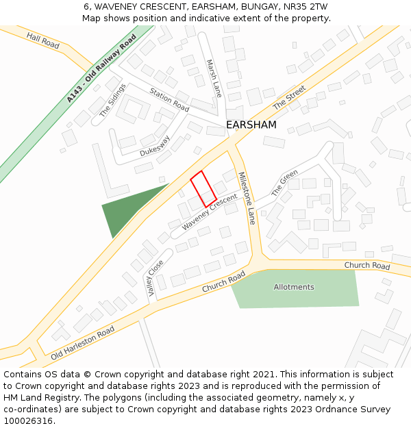 6, WAVENEY CRESCENT, EARSHAM, BUNGAY, NR35 2TW: Location map and indicative extent of plot