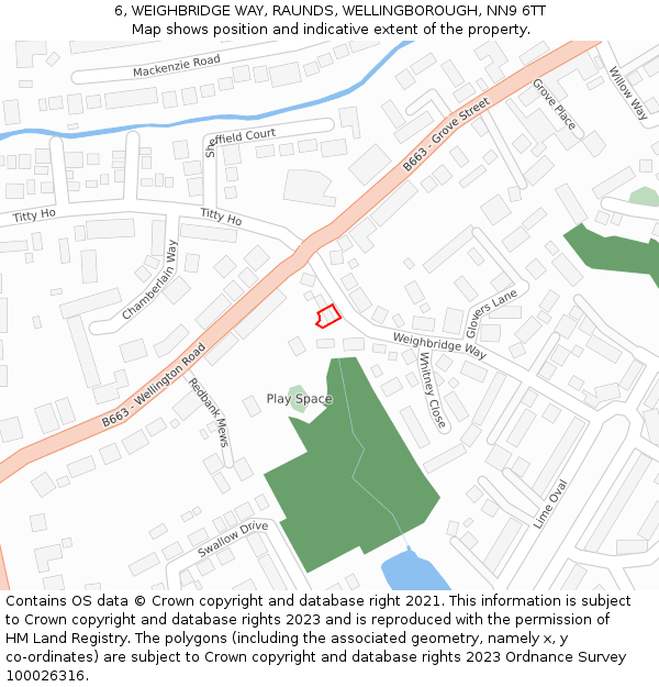 6, WEIGHBRIDGE WAY, RAUNDS, WELLINGBOROUGH, NN9 6TT: Location map and indicative extent of plot