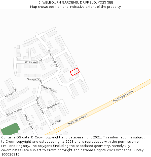 6, WELBOURN GARDENS, DRIFFIELD, YO25 5EE: Location map and indicative extent of plot