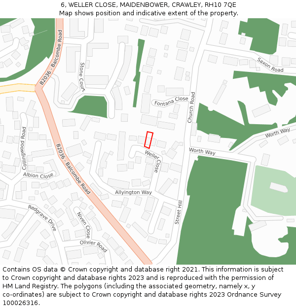 6, WELLER CLOSE, MAIDENBOWER, CRAWLEY, RH10 7QE: Location map and indicative extent of plot