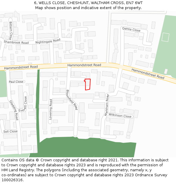 6, WELLS CLOSE, CHESHUNT, WALTHAM CROSS, EN7 6WT: Location map and indicative extent of plot