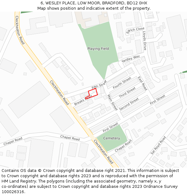 6, WESLEY PLACE, LOW MOOR, BRADFORD, BD12 0HX: Location map and indicative extent of plot