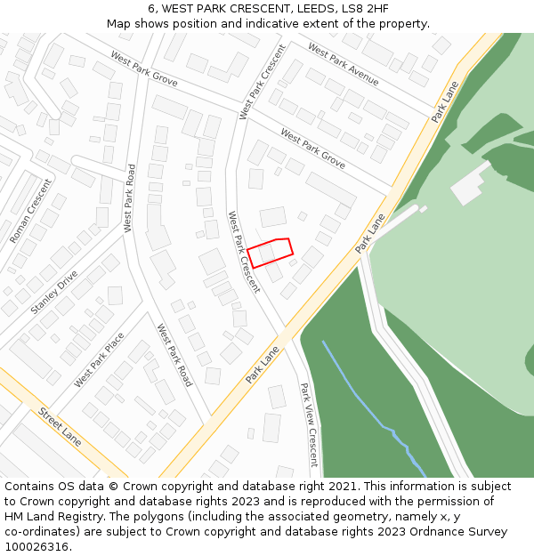 6, WEST PARK CRESCENT, LEEDS, LS8 2HF: Location map and indicative extent of plot
