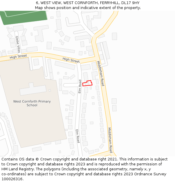 6, WEST VIEW, WEST CORNFORTH, FERRYHILL, DL17 9HY: Location map and indicative extent of plot