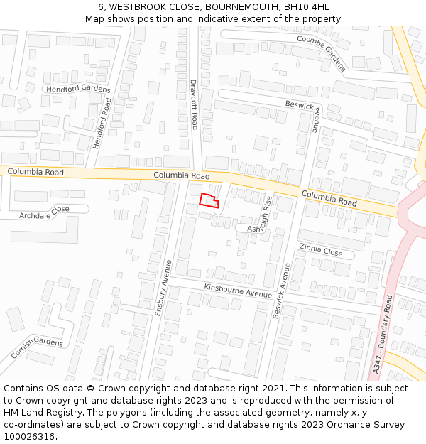 6, WESTBROOK CLOSE, BOURNEMOUTH, BH10 4HL: Location map and indicative extent of plot