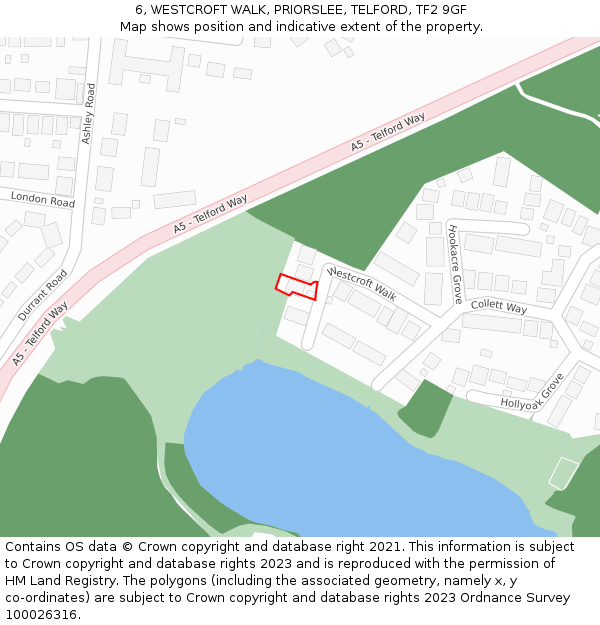 6, WESTCROFT WALK, PRIORSLEE, TELFORD, TF2 9GF: Location map and indicative extent of plot