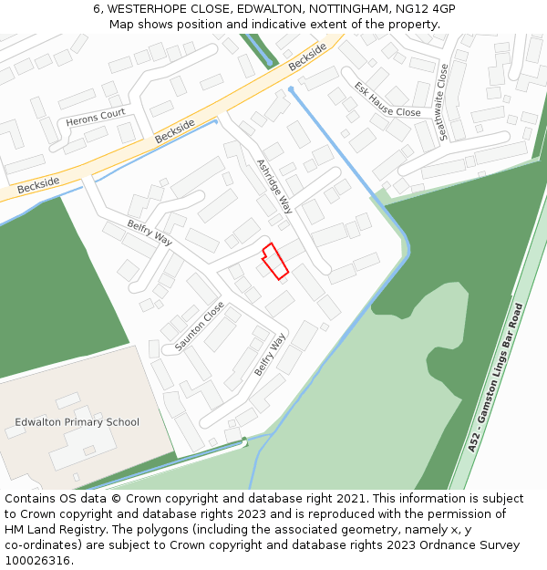 6, WESTERHOPE CLOSE, EDWALTON, NOTTINGHAM, NG12 4GP: Location map and indicative extent of plot