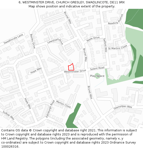 6, WESTMINSTER DRIVE, CHURCH GRESLEY, SWADLINCOTE, DE11 9RX: Location map and indicative extent of plot