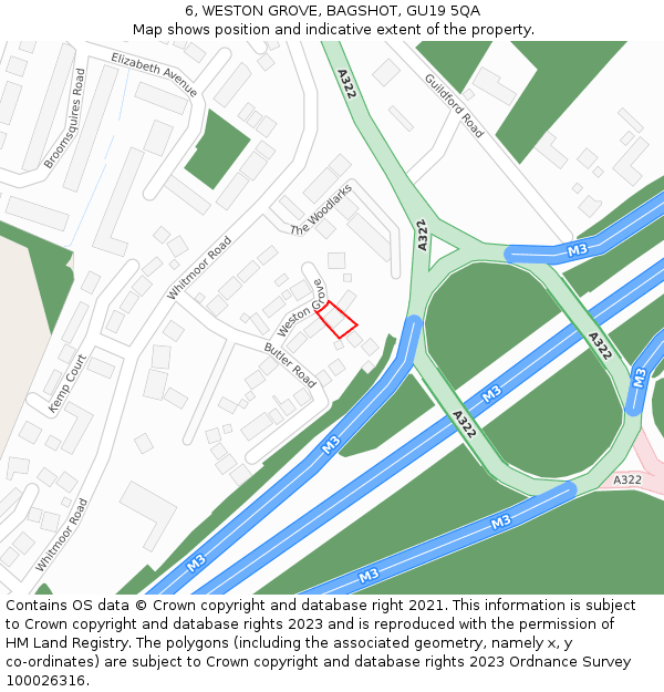 6, WESTON GROVE, BAGSHOT, GU19 5QA: Location map and indicative extent of plot