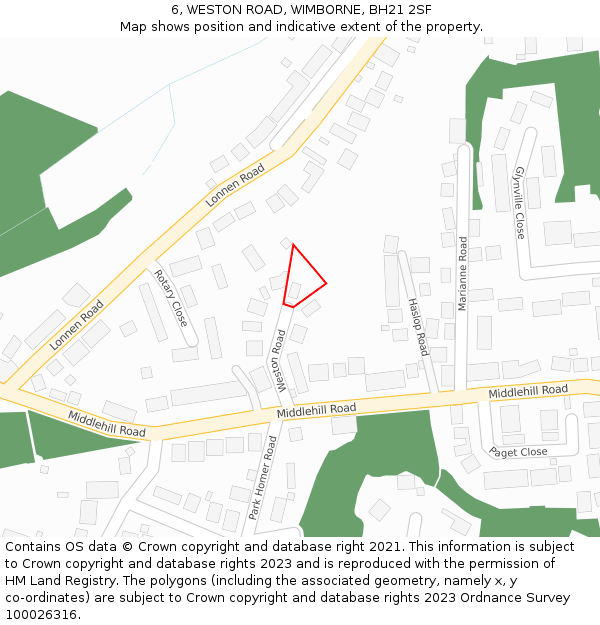 6, WESTON ROAD, WIMBORNE, BH21 2SF: Location map and indicative extent of plot