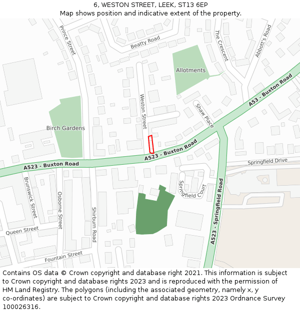 6, WESTON STREET, LEEK, ST13 6EP: Location map and indicative extent of plot
