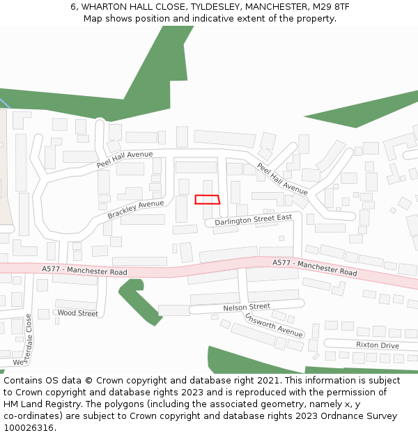 6, WHARTON HALL CLOSE, TYLDESLEY, MANCHESTER, M29 8TF: Location map and indicative extent of plot