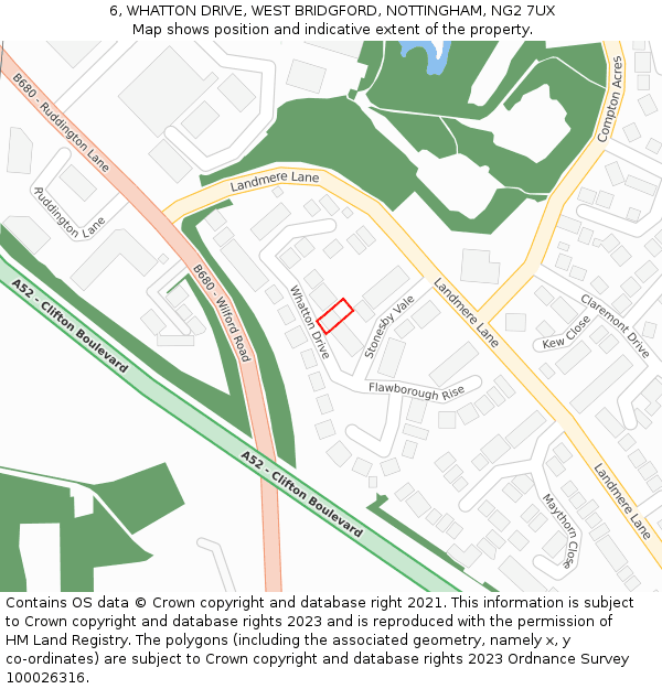 6, WHATTON DRIVE, WEST BRIDGFORD, NOTTINGHAM, NG2 7UX: Location map and indicative extent of plot