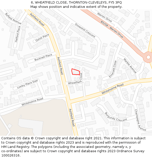 6, WHEATFIELD CLOSE, THORNTON-CLEVELEYS, FY5 3PQ: Location map and indicative extent of plot