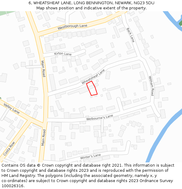 6, WHEATSHEAF LANE, LONG BENNINGTON, NEWARK, NG23 5DU: Location map and indicative extent of plot