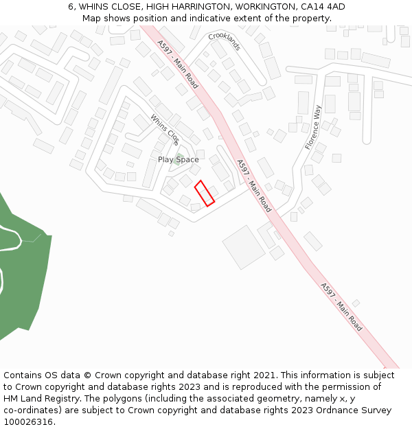 6, WHINS CLOSE, HIGH HARRINGTON, WORKINGTON, CA14 4AD: Location map and indicative extent of plot