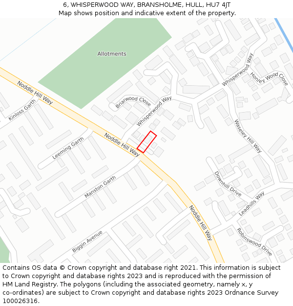 6, WHISPERWOOD WAY, BRANSHOLME, HULL, HU7 4JT: Location map and indicative extent of plot