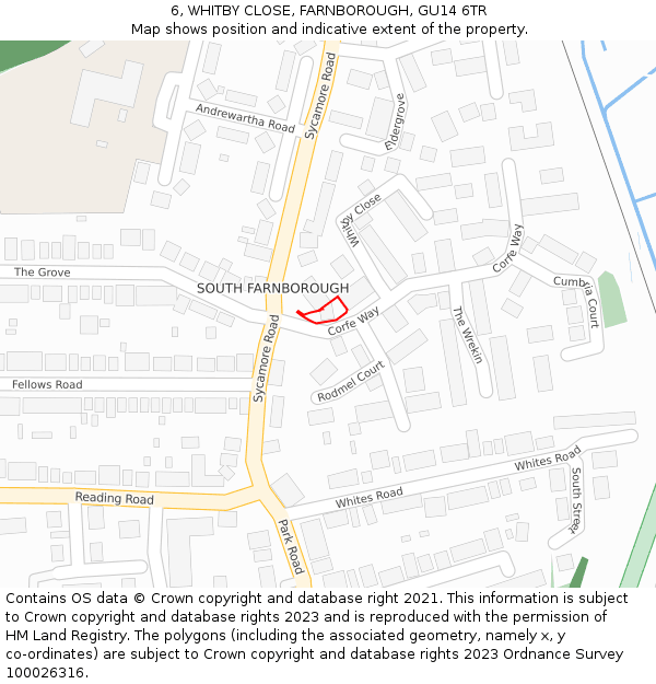 6, WHITBY CLOSE, FARNBOROUGH, GU14 6TR: Location map and indicative extent of plot