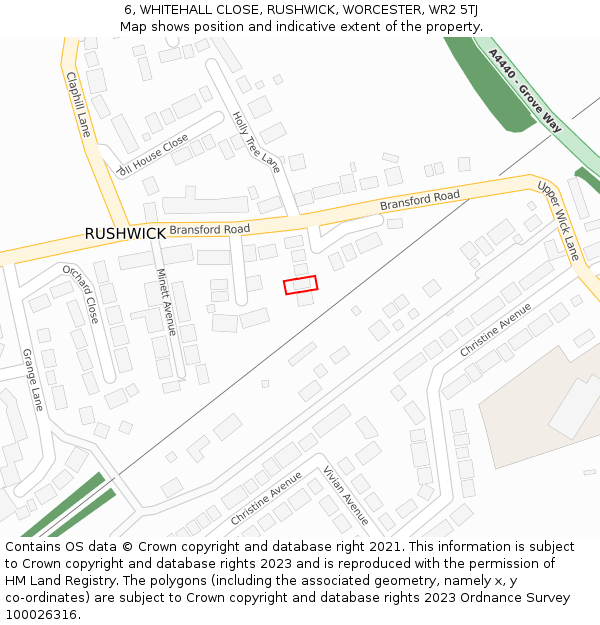 6, WHITEHALL CLOSE, RUSHWICK, WORCESTER, WR2 5TJ: Location map and indicative extent of plot