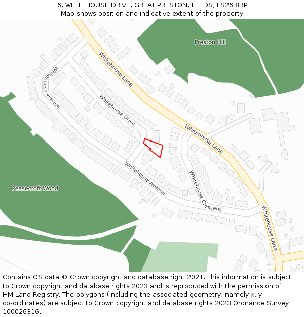 6, WHITEHOUSE DRIVE, GREAT PRESTON, LEEDS, LS26 8BP: Location map and indicative extent of plot