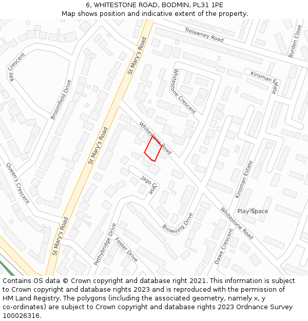 6, WHITESTONE ROAD, BODMIN, PL31 1PE: Location map and indicative extent of plot