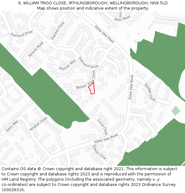 6, WILLIAM TRIGG CLOSE, IRTHLINGBOROUGH, WELLINGBOROUGH, NN9 5LD: Location map and indicative extent of plot