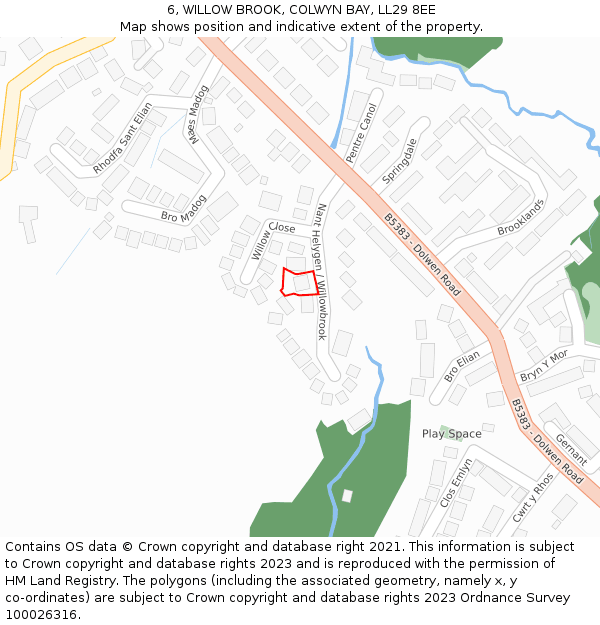 6, WILLOW BROOK, COLWYN BAY, LL29 8EE: Location map and indicative extent of plot