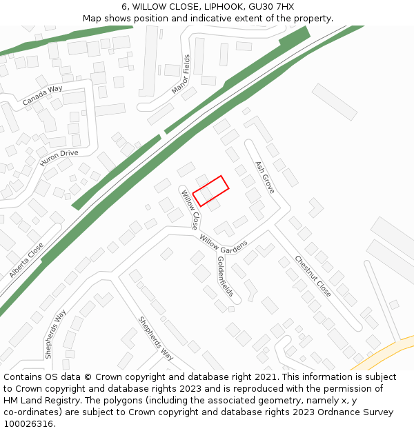 6, WILLOW CLOSE, LIPHOOK, GU30 7HX: Location map and indicative extent of plot