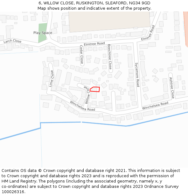 6, WILLOW CLOSE, RUSKINGTON, SLEAFORD, NG34 9GD: Location map and indicative extent of plot