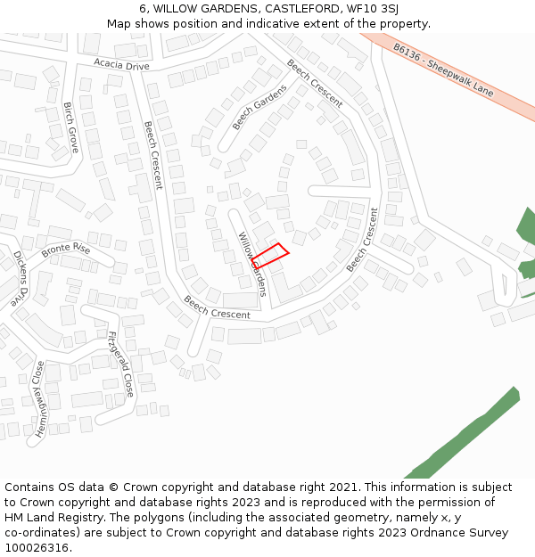 6, WILLOW GARDENS, CASTLEFORD, WF10 3SJ: Location map and indicative extent of plot