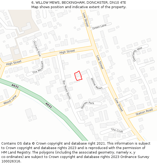 6, WILLOW MEWS, BECKINGHAM, DONCASTER, DN10 4TE: Location map and indicative extent of plot